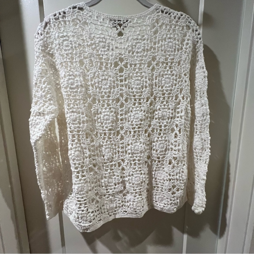 Boho Crochet Knit Cream Button-Front Cardigan Sweater Top - Picture 7 of 9
